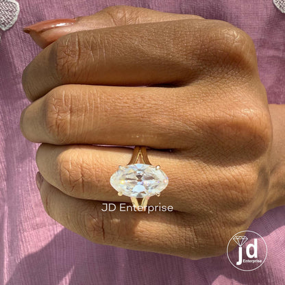 Vintage 5.00 CT Moval Old Mine Cut Moissanite Engagement Ring, Solitaire Wedding Ring, Split Shank Anniversary Ring, 10k Yellow Gold Ring