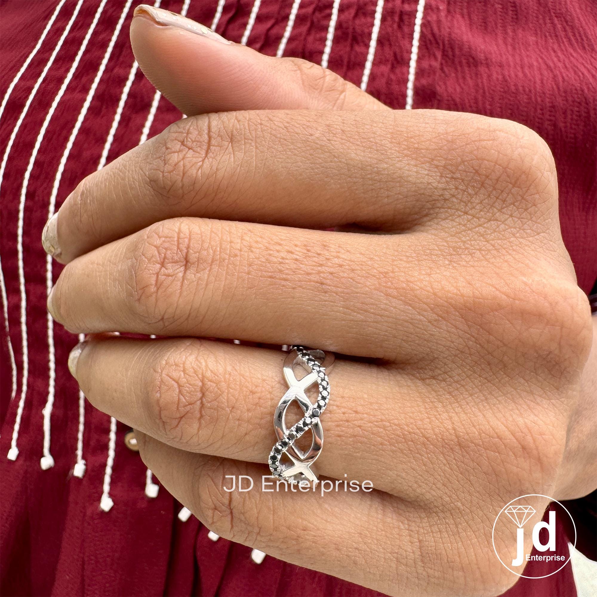 Infinity Twisted Shank Wedding Band, Designer Cross Over Band, Round Cut Black Moissanite Band, Engagement Ring, Anniversary Gift for Her