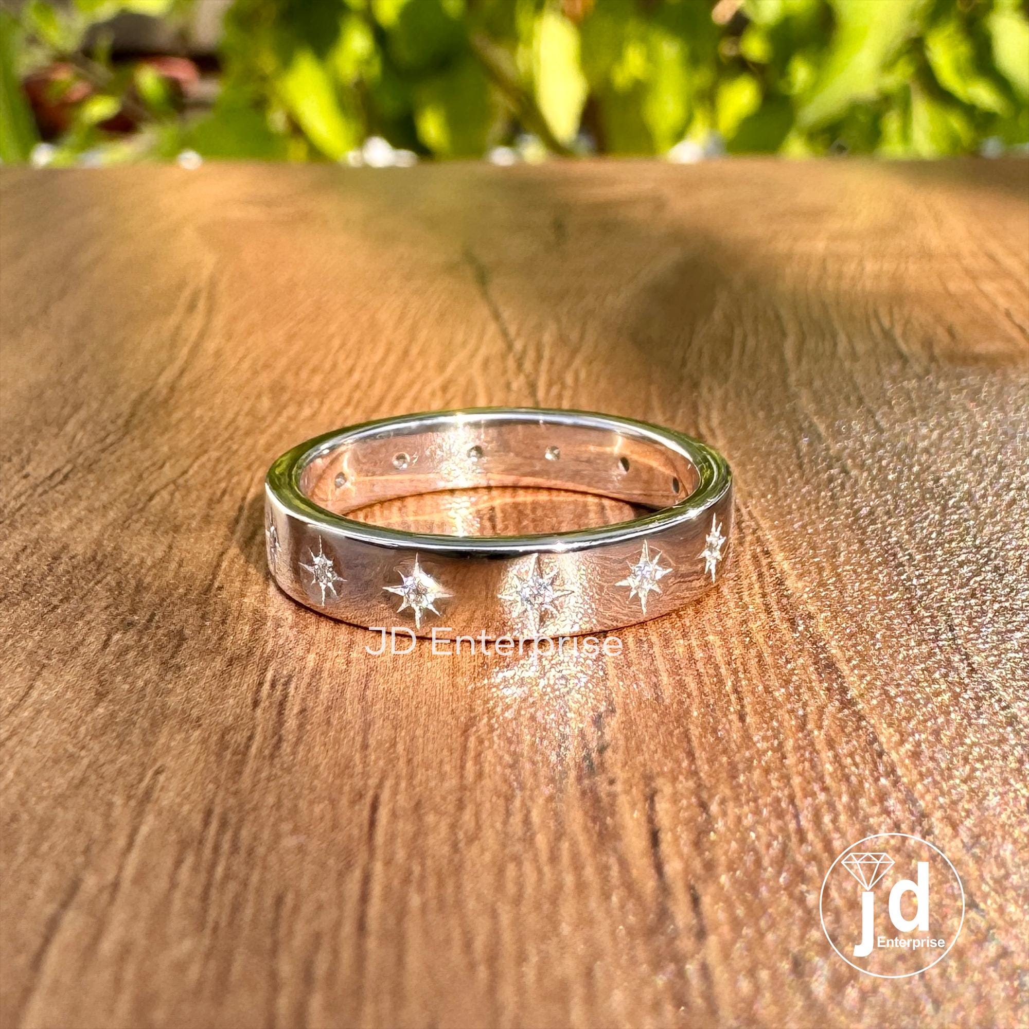 Moissanite Starburst Wedding Band Ring, Solid Gold Solitaire Anniversary Band, Pave Celestial Ring Women, Minimalist Stackable Matching Band