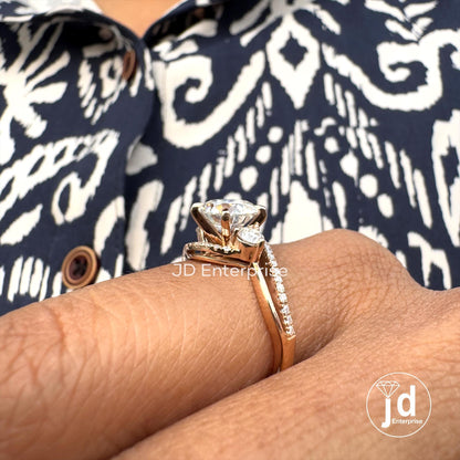 2.00 CT Round Moissanite Engagement Ring, Split Shank Anniversary Ring, Split Pave Set Wedding Ring, Bypass Shank Three Stone Bridal Ring