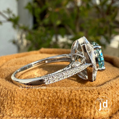 2.50 CT Cyan Blue Portuguese Halo Engagement Ring, Art Deco Wedding Ring, Nature Inspired Floral Ring, Vintage Filigree Anniversary Ring