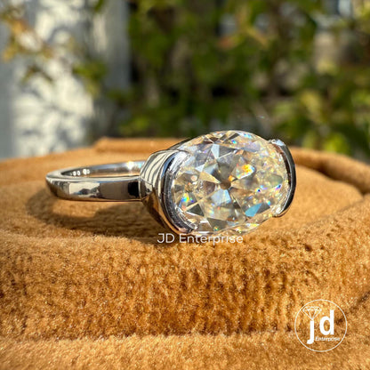 Old Mine Oval Cut Half Bezel Set Engagement Ring, 3.20 CT Near Colorless Solitaire Moissanite Wedding Ring, Euro Shank Ring, Bridal Ring