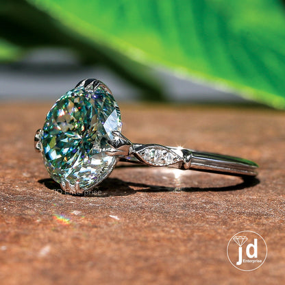 5.23CT Antique Portuguese Cut Blue Moissanite Engagement Ring/ Fish Tail Prong Wedding Ring/ Milgrain Anniversary Ring, Vintage Bridal Set
