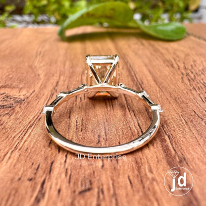 3.00CT Radiant Cut Canary Yellow Moissanite Engagement Ring, Distance Pave Ring, Side Stone Round Cut, 10k Yellow Gold Anniversary Gift Ring