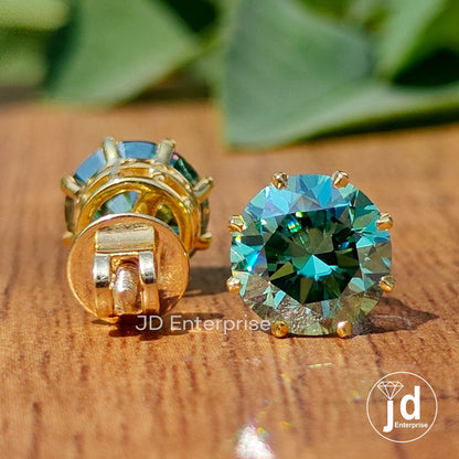 Green Moissanite Earrings, Moissanite Stud Earrings, 3.50 TW Round Moissanite Earrings, 8 Secure Prong, Vintage Bridal Earrings for Women