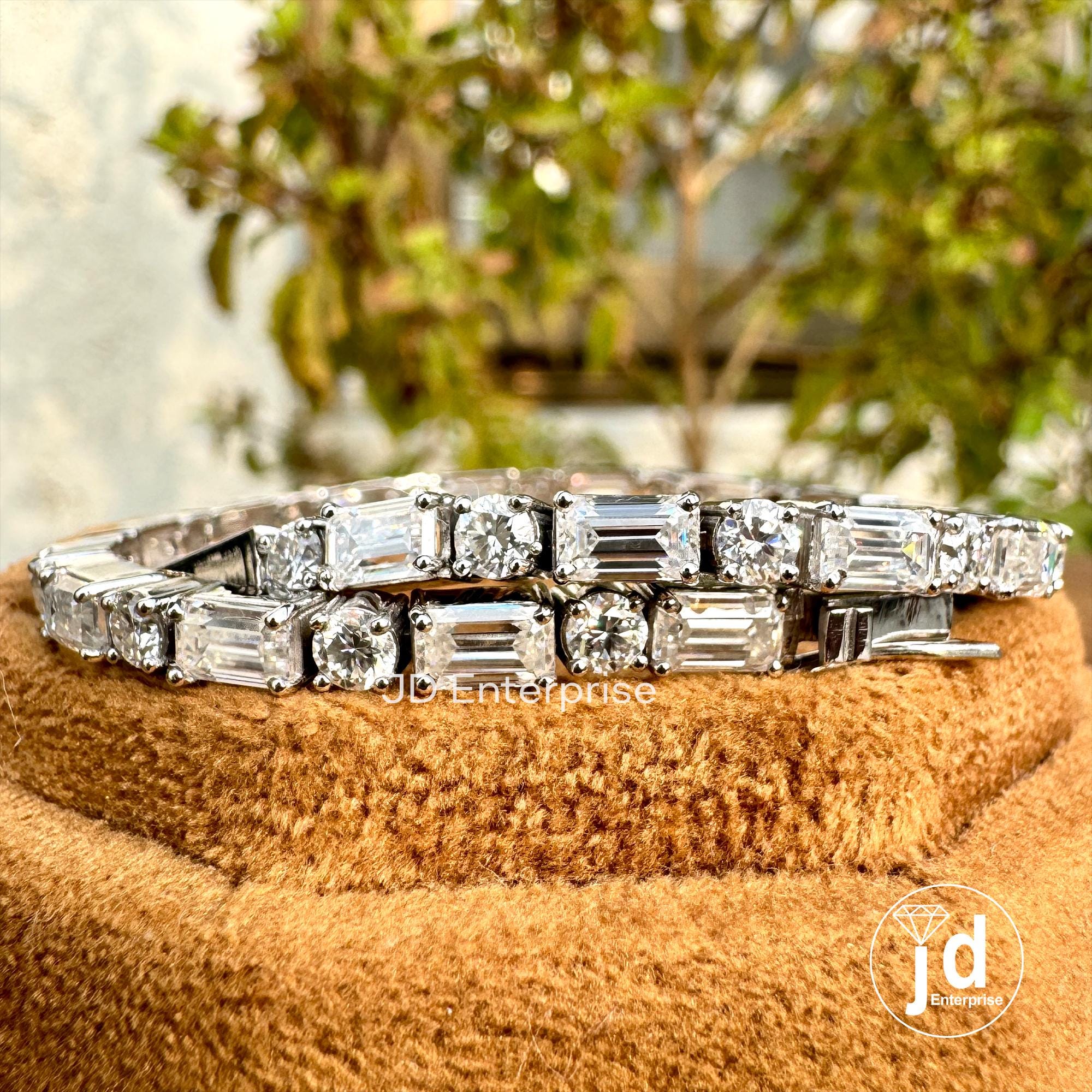 Moissanite Tennis Bracelet, East to West Set Emerald & Round Cut Wedding Bracelet, Box Lock Set, Engagement Bracelet for Women, Bridal Set