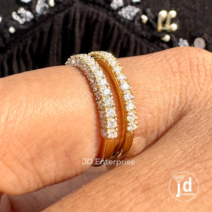 Two Row Pave Wedding Band Set, Moissanite Half Eternity Band, Two Matching Band for Trio Ring Set, Anniversary Gift Band for Engagement Ring