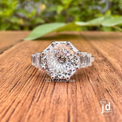 Vintage Style Five Stone Engagement Ring, 3CT Portuguese Cut Moissanite Ring, Side Stone Baguette Wedding Ring, Eight Prong Anniversary Ring