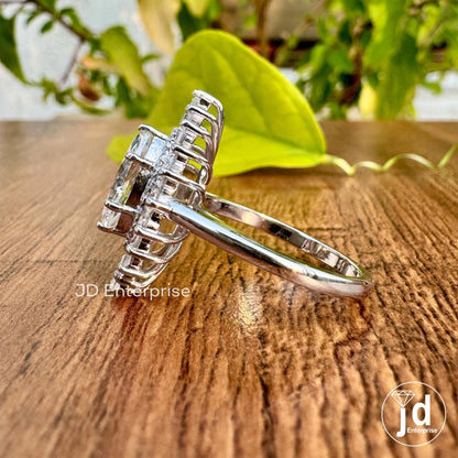 Celebrity Style Marquise Moissanite Engagement Ring, 2.15 TW Baguette and Round Cut Double Halo Wedding Ring, Starburst Halo Bridal Ring