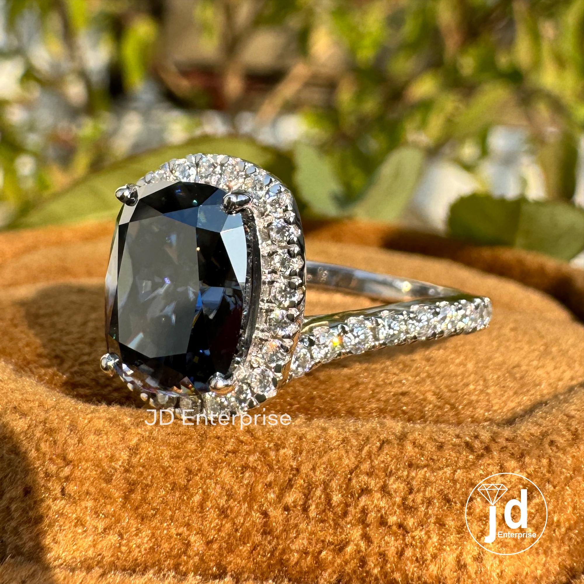 3.00 CT Elongated Cushion Cut Dark Grey Moissanite Engagement Ring, Halo Wedding Ring, Pave Set Bypass Shank, Bridal Ring, Anniversary Ring