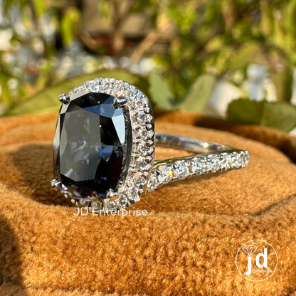 3.00 CT Elongated Cushion Cut Dark Grey Moissanite Engagement Ring, Halo Wedding Ring, Pave Set Bypass Shank, Bridal Ring, Anniversary Ring