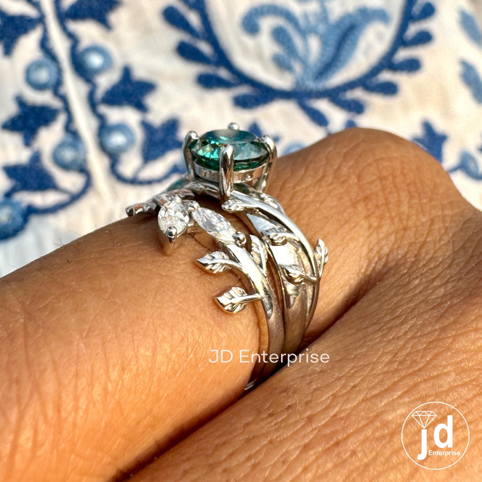 1.25 CT Portuguese Cut Green Moissanite Wedding Ring Set, Vintage Leaf Engagement Ring Set, Nature Inspired Anniversary Matching Band