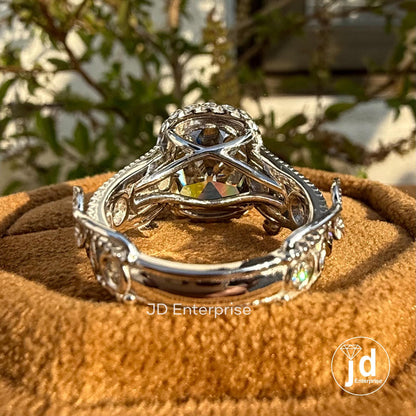 Vintage 5.24 TCW Light Grey Old Mine Cushion Cut Engagement Ring, Bezel Set Branch & Leaf Moissanite Wedding Ring, Milgrain Hidden Halo Ring