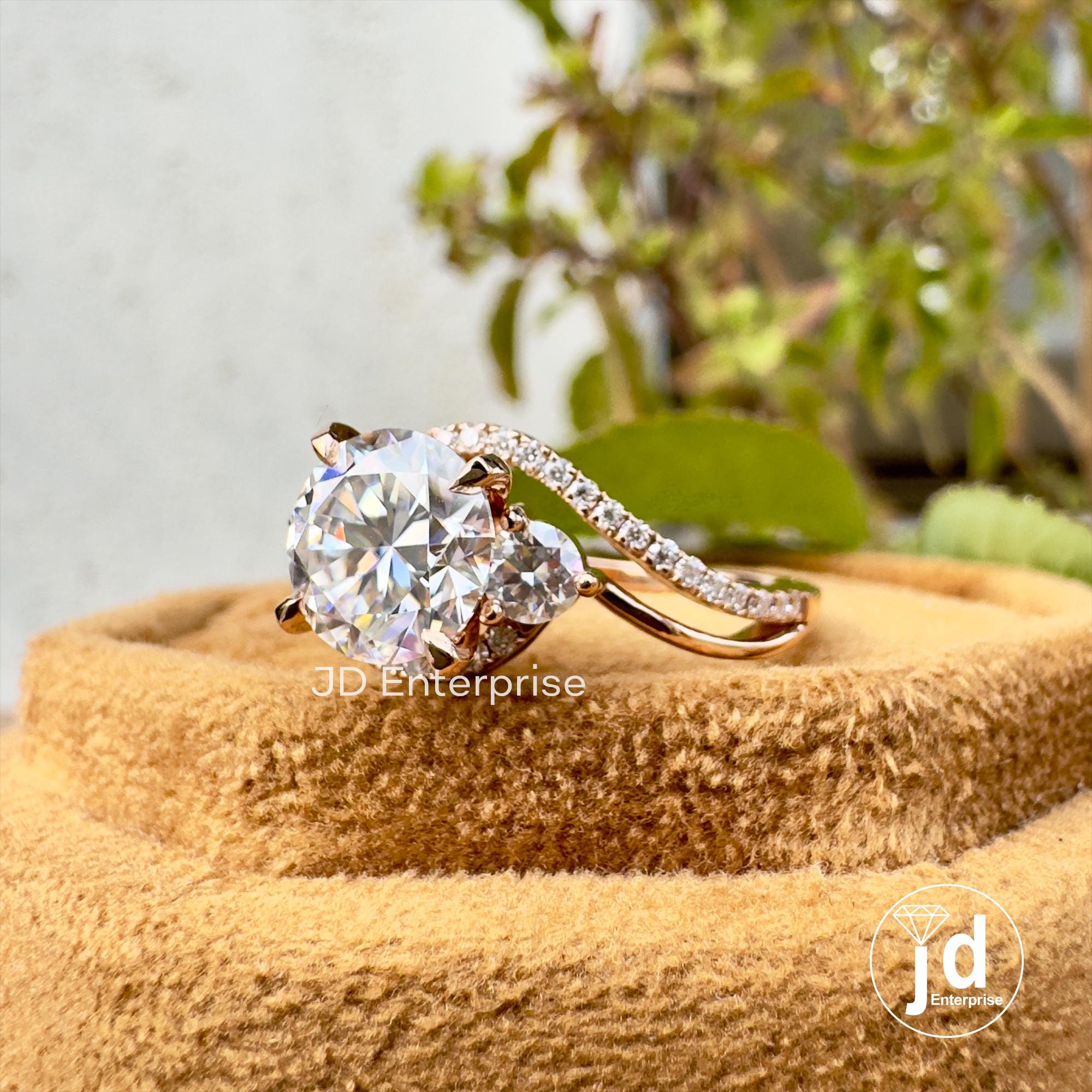 2.00 CT Round Moissanite Engagement Ring, Split Shank Anniversary Ring, Split Pave Set Wedding Ring, Bypass Shank Three Stone Bridal Ring