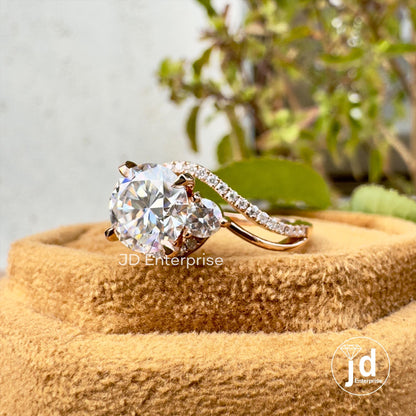2.00 CT Round Moissanite Engagement Ring, Split Shank Anniversary Ring, Split Pave Set Wedding Ring, Bypass Shank Three Stone Bridal Ring
