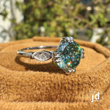 Vintage 2.00 CT Portuguese Cut Bluegreen Moissanite Engagement Ring, Fish Tail Prong Wedding Ring, Milgrain Anniversary Ring, Promise Ring
