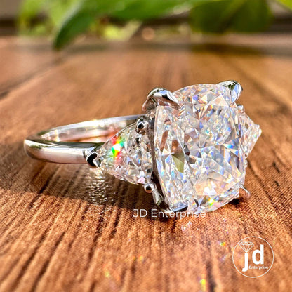 Ice Crushed Cushion Cut Moissanite Diamond Ring, 2.50 TW Three Stone Engagement Ring, Wedding Ring, Trillion Moissanite Ring, Promise Ring