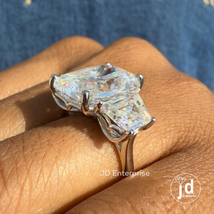 11.00 TCW Large Radiant Cut Moissanite Engagement Ring, Three Stone Celebrity Style Wedding Ring, Trapezoid Cut, Claw Prongs, Bride Ring Set