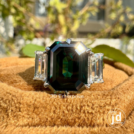 6.00 TW Emerald Cut Fancy Dark Green Moissanite Engagement Ring, Three Stone Wedding Ring, Side Stone Baguette, Anniversary Gift Bridal Ring