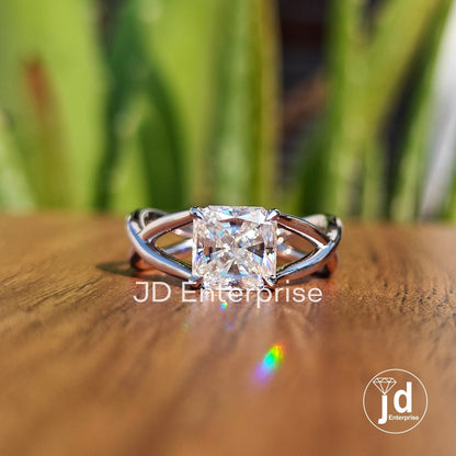 2.00CT Square Radiant Cut Colorless Moissanite Engagement Ring, Solitaire Wedding Ring, Twisted Shank Ring, Anniversary Gift, Bridal Ring