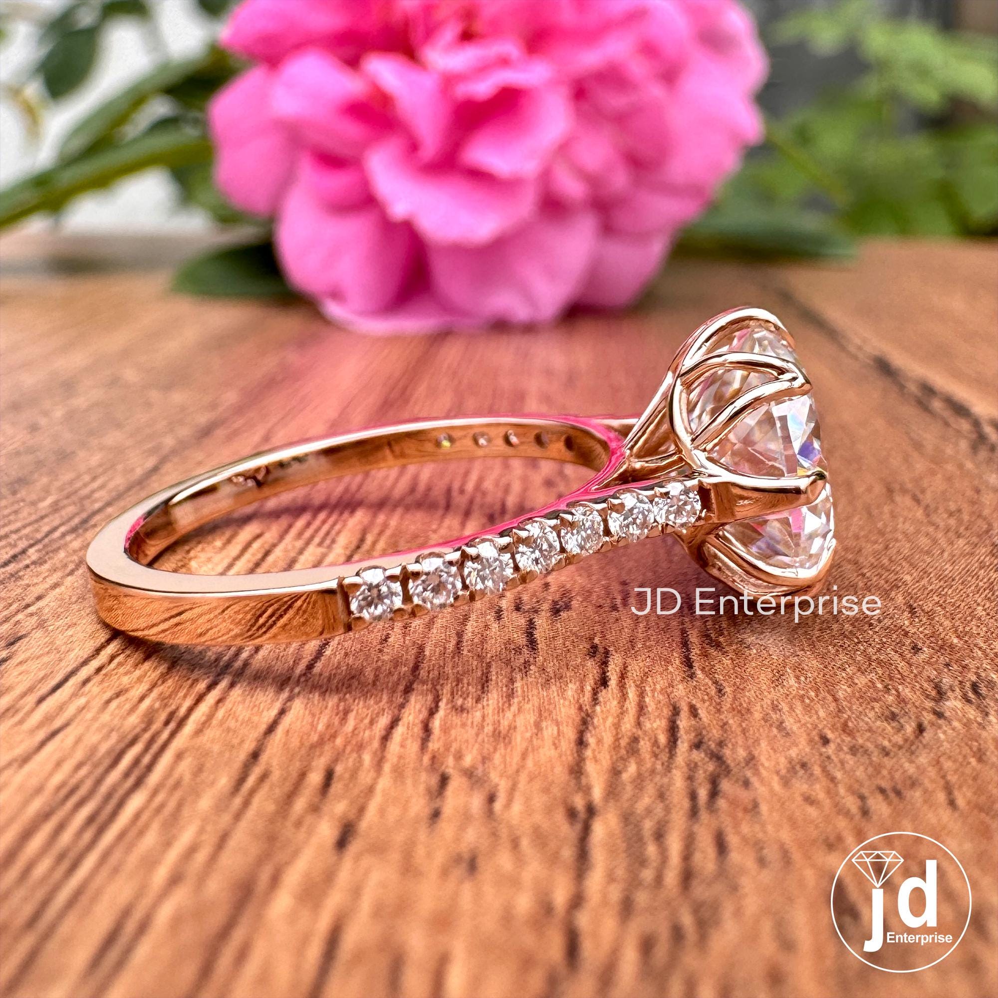 Vintage Style Engagement Ring, Antique Portuguese Moissanite Solitaire Ring, Colorless Round Wedding Ring, 18k Rose Gold Anniversary Ring