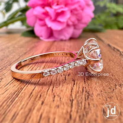 Vintage Style Engagement Ring, Antique Portuguese Moissanite Solitaire Ring, Colorless Round Wedding Ring, 18k Rose Gold Anniversary Ring