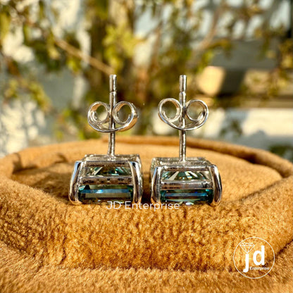 5.00 TCW Radiant Cut Greenish Blue Moissanite Stud Earrings for Women, Claw Prongs, Wedding Earrings, Bridal Earrings, Engagement Earrings