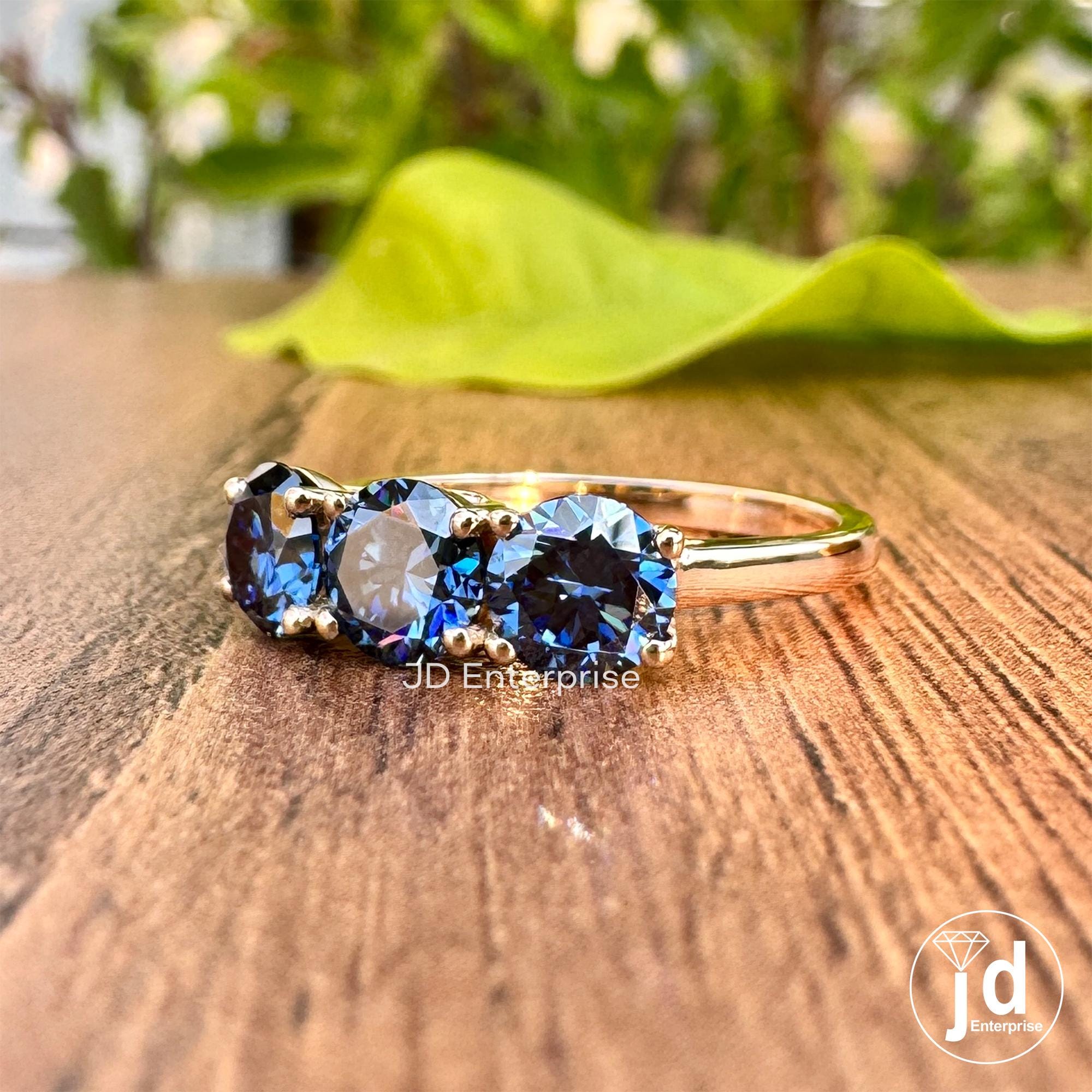 1.50 TCW Round Cut Antique Dark Blue Moissanite Engagement Ring, Three Stone Ring, White Gold Promise Ring, Wedding Ring, Anniversary Gift