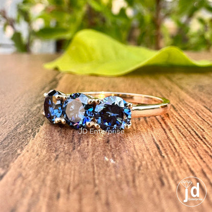 1.50 TCW Round Cut Antique Dark Blue Moissanite Engagement Ring, Three Stone Ring, White Gold Promise Ring, Wedding Ring, Anniversary Gift