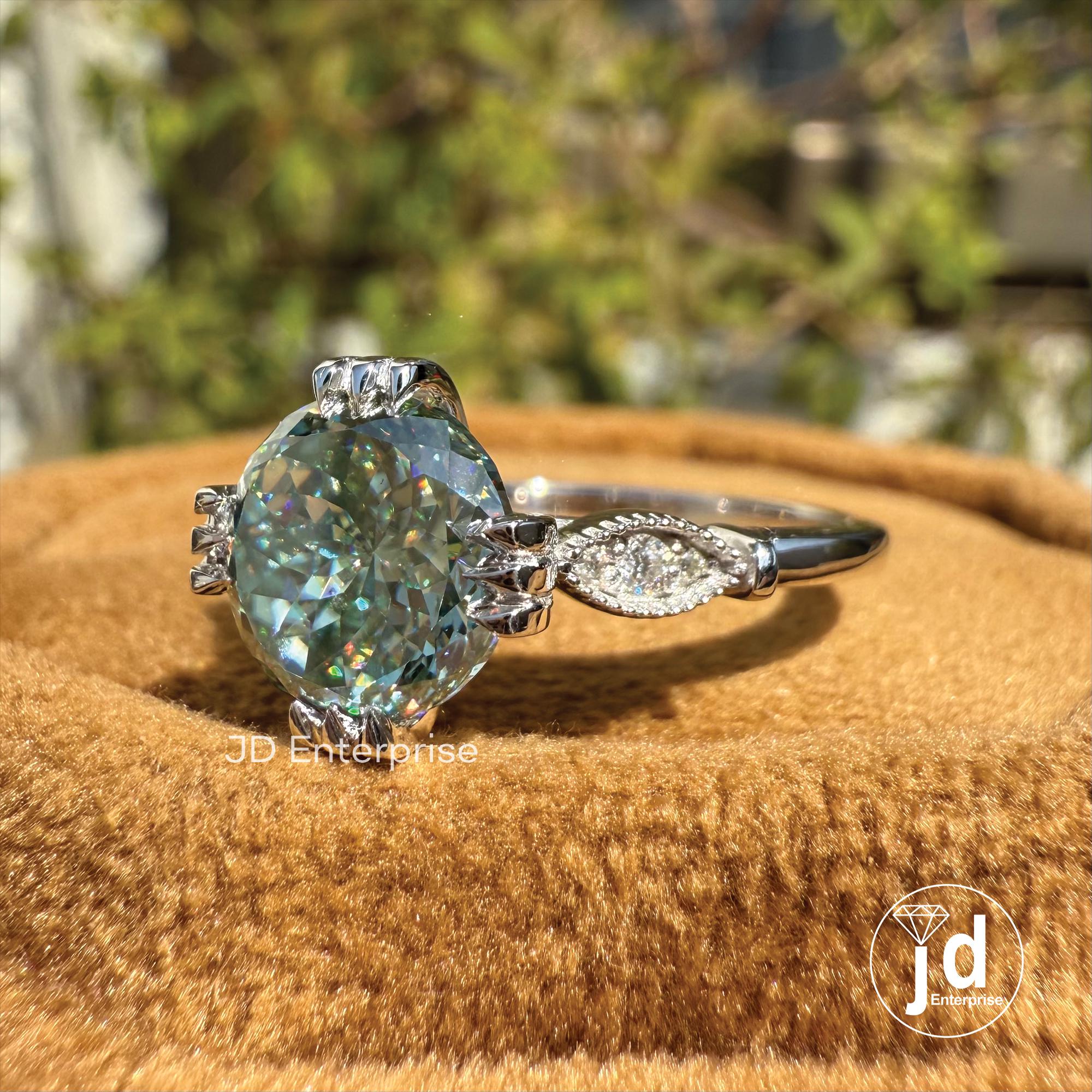 Vintage 2.00 CT Portuguese Cut Bluegreen Moissanite Engagement Ring, Fish Tail Prong Wedding Ring, Milgrain Anniversary Ring, Promise Ring