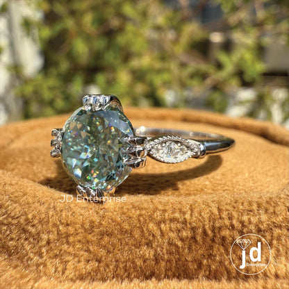 Vintage 2.00 CT Portuguese Cut Bluegreen Moissanite Engagement Ring, Fish Tail Prong Wedding Ring, Milgrain Anniversary Ring, Promise Ring