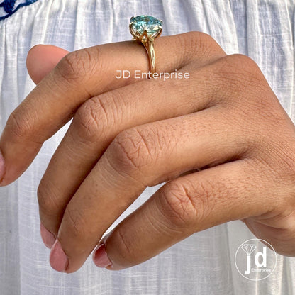 Classic 5.10CT Portuguese Cut Cyan Blue Moissanite Engagement Ring, Solitaire Ring, Cathedral Wedding Ring, Anniversary Gift for Her, Bridal