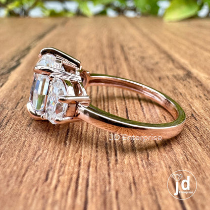 4.10 TCW Oval Step Cut & Half Moon Moissanite Engagement Ring, Three Stone Wedding Ring, 10k Rose Gold Ring for Women, Six Prong Bridal Ring
