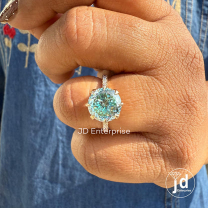 Vintage Engagement Ring, 4.00 CT Portuguese Cut Cyan Blue Moissanite Ring, Claw Prongs Rose Gold Wedding Ring, Accent Anniversary Gifts
