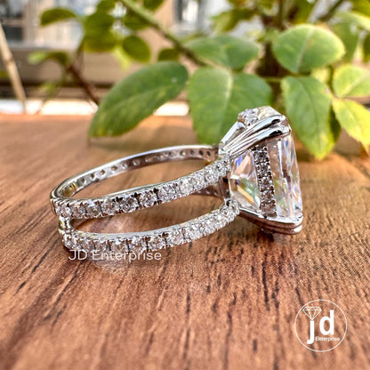 Large 7.25 CT Elongated Cushion Cut Moissanite Ring, Hidden Halo Engagement Ring, Dual Shank Wedding Ring, Pave Set Celebrity Style Ring