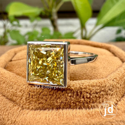 5 CT Princess Cut Canary Yellow Moissanite Wedding Ring, Bezel Set Solitaire Engagement Ring, Anniversary Gift for Women, Bridal Ring