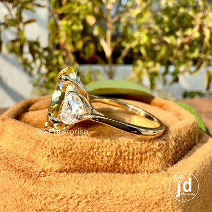 7.80 TCW Pear Cut Canary Yellow Moissanite Engagement Ring, Three Stone Wedding Ring with Heart Accents, 10k/14k/18k Yellow Gold Bridal Ring
