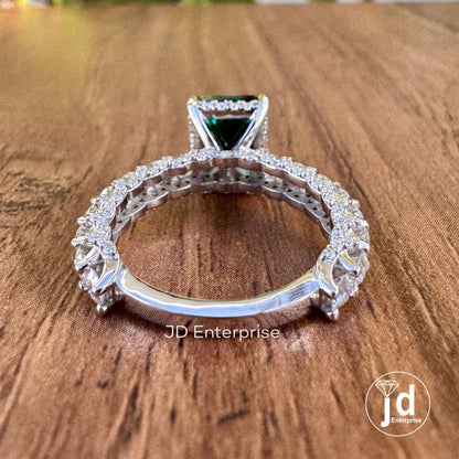 Fancy Dark Green Radiant Cut Moissanite Engagement Ring, Hidden Halo Wedding Ring, Three Side Pave Ring, Anniversary Ring for Women