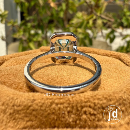 Emerald Cut Moissanite Proposal Ring, 2.50 CT Blue Green Moissanite Anniversary Ring, Solitaire Bridal Ring, Bezel Set Wedding Ring