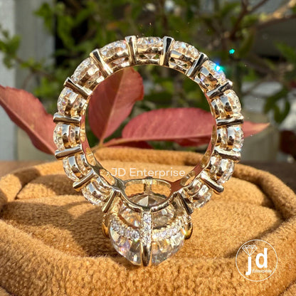 Large Oval Moissanite Engagement Ring, Hidden Halo With Wide Band, 13.0 TCW Oval Wedding Ring, Big Oval Cut Celebrity Style Yellow Gold Ring