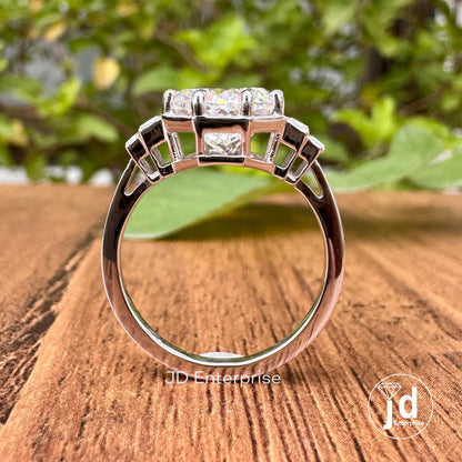 Vintage Style Five Stone Engagement Ring, 3CT Portuguese Cut Moissanite Ring, Side Stone Baguette Wedding Ring, Eight Prong Anniversary Ring