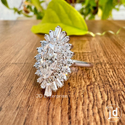 Celebrity Style Marquise Moissanite Engagement Ring, 2.15 TW Baguette and Round Cut Double Halo Wedding Ring, Starburst Halo Bridal Ring