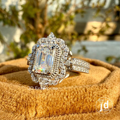 2.0 TW Emerald Cut Moissanite Vintage Engagement Ring, Flower Style Halo Wedding Ring, Milgrain Detailing Ring, Two Row Pave Set Bridal Ring