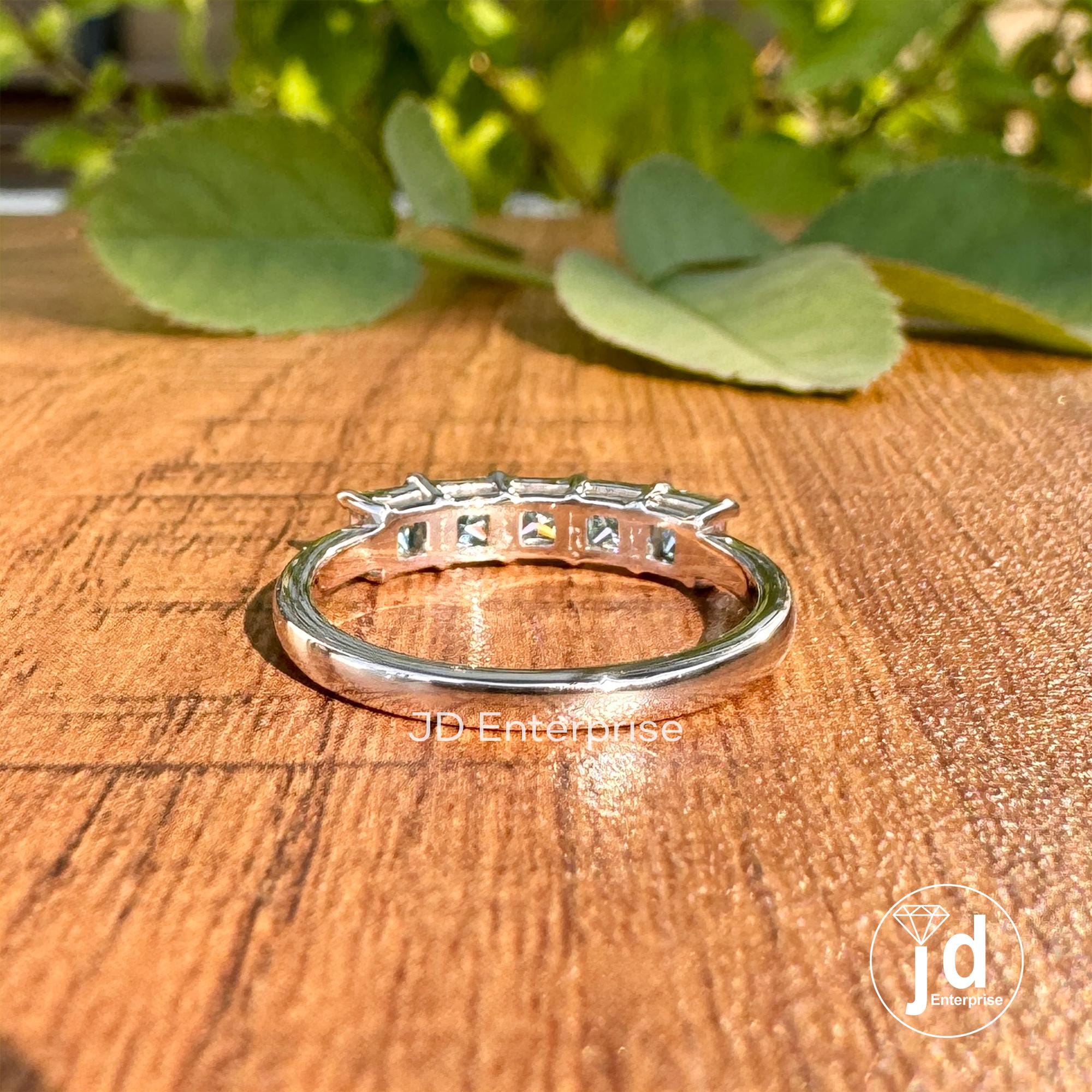 3.00 MM Princess Cut Cyan Blue Moissanite Five Stone Band, Matching Wedding Band, Comfort Fit Stackable Band, Shared Prong Anniversary Gift