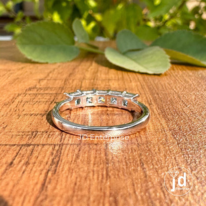 3.00 MM Princess Cut Cyan Blue Moissanite Five Stone Band, Matching Wedding Band, Comfort Fit Stackable Band, Shared Prong Anniversary Gift