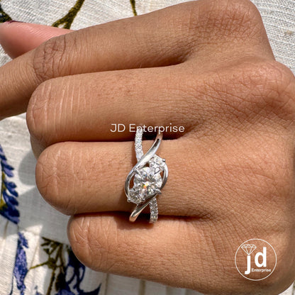 1.12 CT Colorless Round Cut Moissanite Engagement Ring, Three Stone Wedding Ring, Pave Bypass Shank Designer Ring, Anniversary Ring