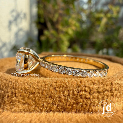Cushion Moissanite Engagement Ring with Pave Cathedral Shank Setting, Wedding Ring for Her, Anniversary Gifts, Handmade Yellow Gold Ring