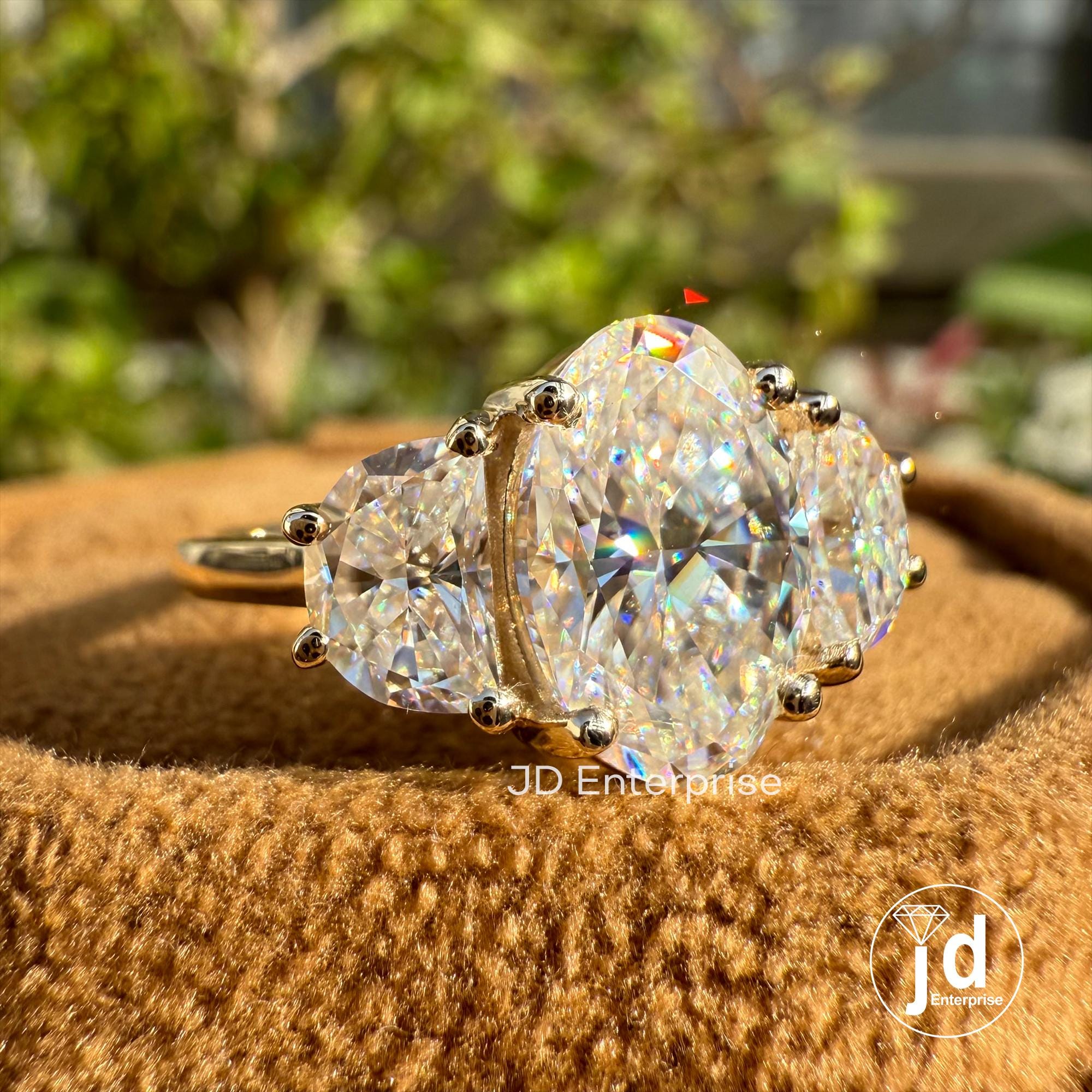 3.33 TCW Oval Cut Moissanite Engagement Ring, Side Stone Half Moon, Yellow Gold Three Stone Wedding Ring, Anniversary Ring, Trilogy Ring