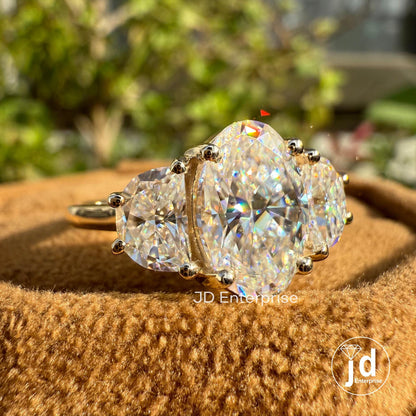 3.33 TCW Oval Cut Moissanite Engagement Ring, Side Stone Half Moon, Yellow Gold Three Stone Wedding Ring, Anniversary Ring, Trilogy Ring