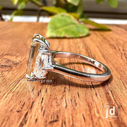 6.56 TCW Brownish Yellow Emerald Cut Moissanite Engagement Ring, Three Stone Wedding Ring, Side Stone Shield Cut Anniversary Gift